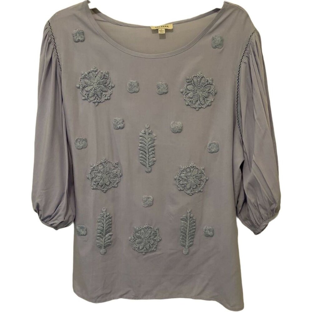 Velzera Womens Blouse‎ Blue Floral Embroidered Scoop Neck Balloon Sleeve L New
